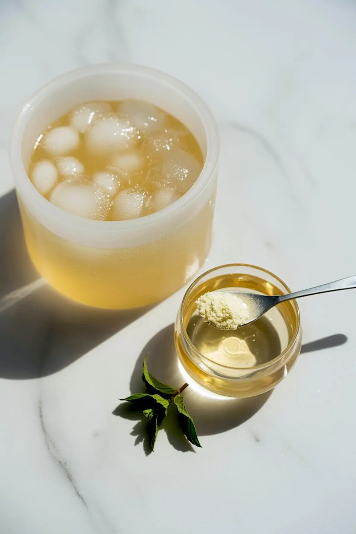 Bowl of chilled prosecco mixture with ice cubes next to a small glass cup containing gelatin powder being spooned in, with a mint sprig on the side.