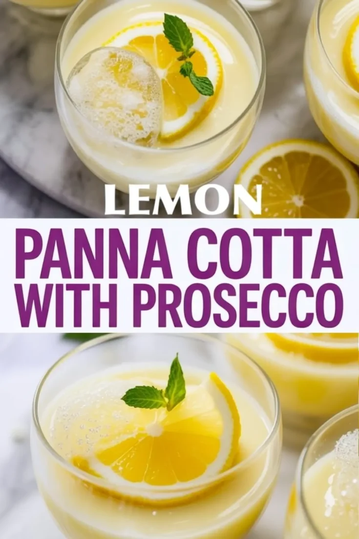 Close-up of lemon panna cotta with prosecco in glass cups, each topped with lemon slices and fresh mint leaves for a bright, citrusy dessert.