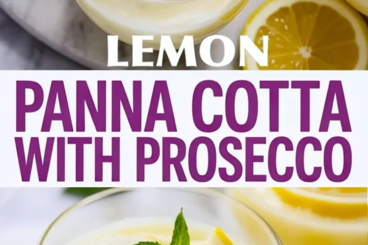 Close-up of lemon panna cotta with prosecco in glass cups, each topped with lemon slices and fresh mint leaves for a bright, citrusy dessert.