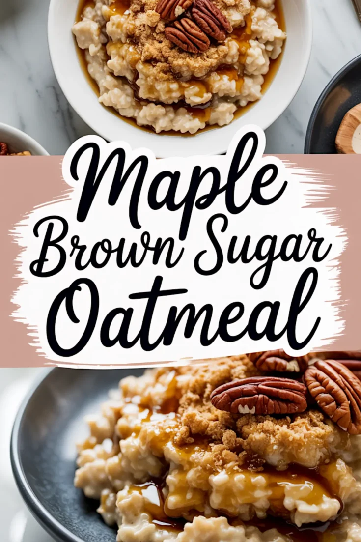 Close-up of maple brown sugar oatmeal topped with pecans, brown sugar, and drizzled maple syrup, styled with a bold text overlay.