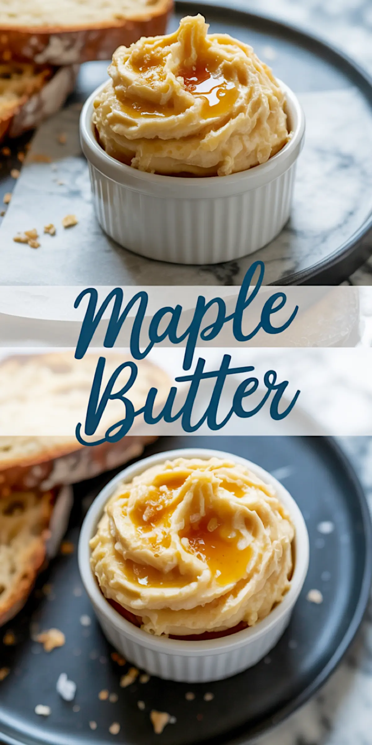 Maple butter collage with ramekins of whipped maple butter drizzled with syrup, served on a black plate with slices of bread in the background.