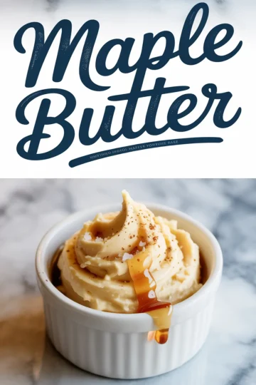 White ramekin of creamy maple butter drizzled with maple syrup and sprinkled with sea salt, styled on a marble surface.