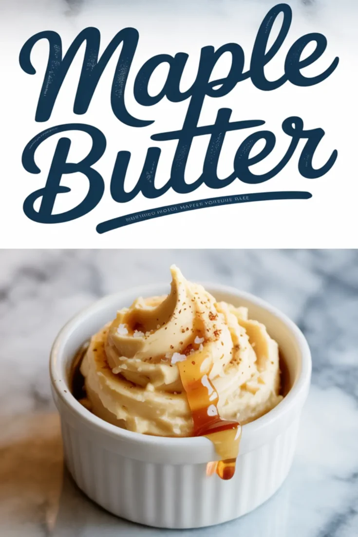 White ramekin of creamy maple butter drizzled with maple syrup and sprinkled with sea salt, styled on a marble surface.