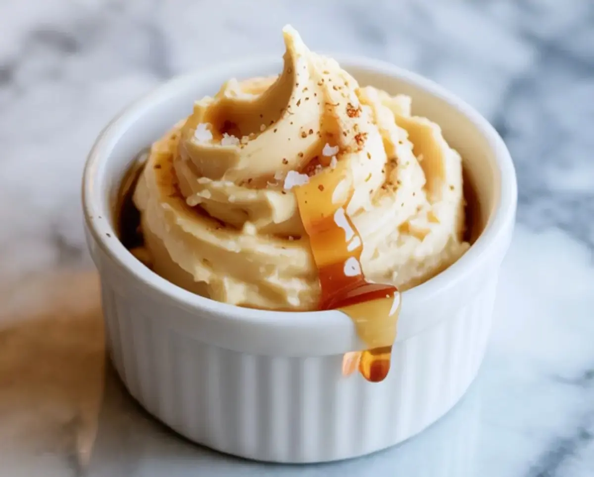 White ramekin filled with piped maple butter drizzled with maple syrup and sprinkled with sea salt on a marble background.
