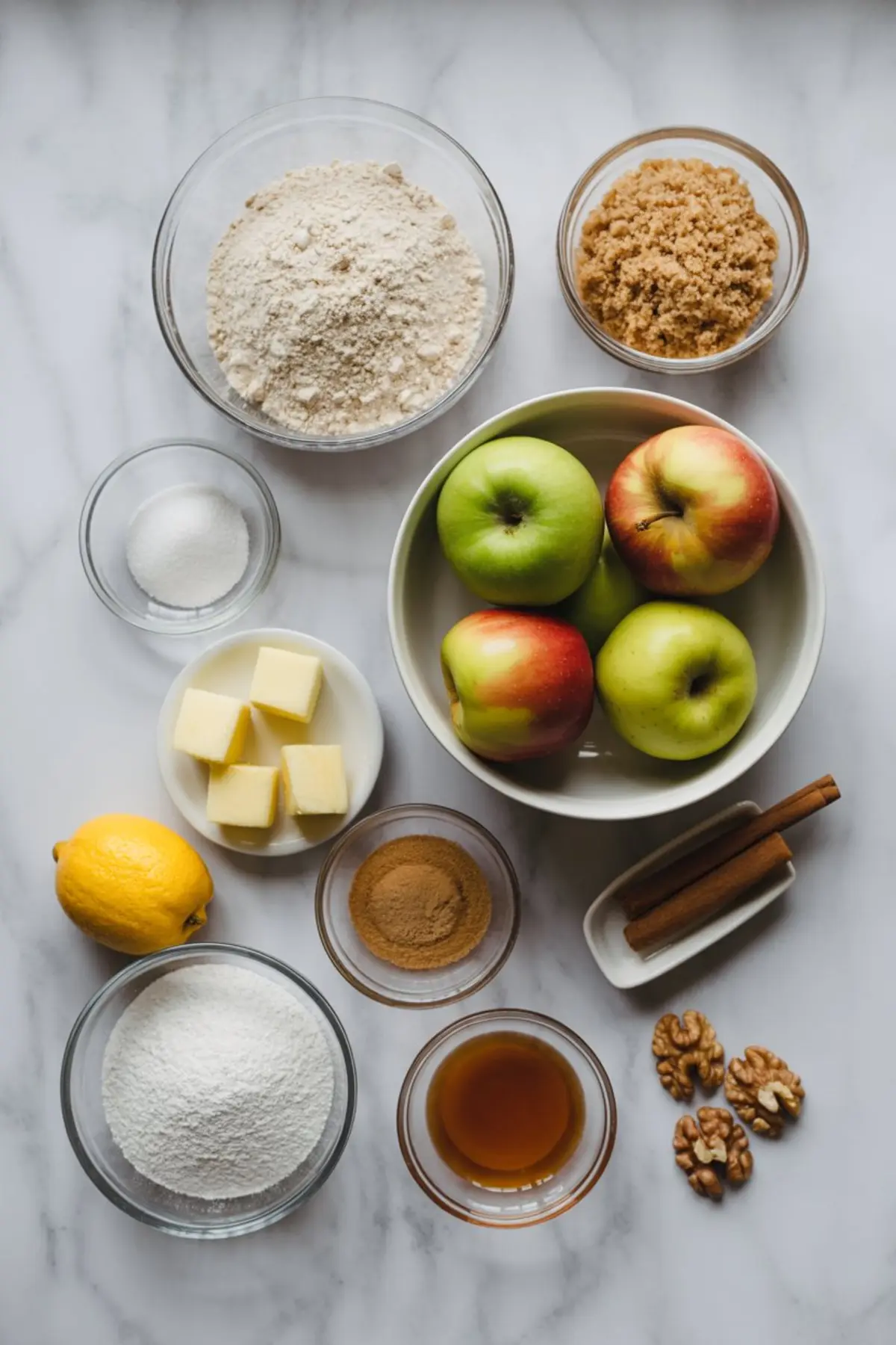 Overhead view of apple pie bar ingredients arranged on a marble surface, including fresh apples, flour, brown sugar, white sugar, cubed butter, cinnamon, lemon, walnuts, powdered sugar, vanilla extract, and cinnamon sticks.
