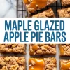 Collage of maple glazed apple pie bars displayed on a cooling rack and on parchment, topped with chopped walnuts and thick maple syrup drizzle.
