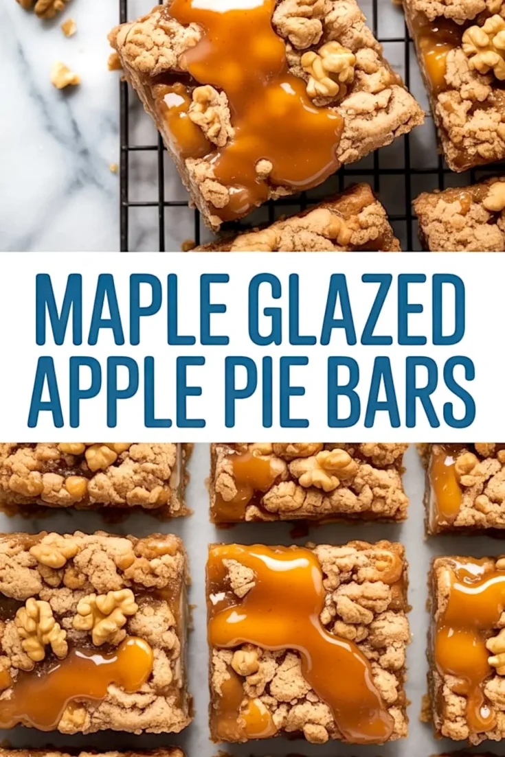 Collage of maple glazed apple pie bars displayed on a cooling rack and on parchment, topped with chopped walnuts and thick maple syrup drizzle.
