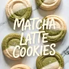 Flat lay collage of sugar-coated matcha latte cookies with spiral centers and a handwritten "Matcha Latte Cookies" label over marble background.