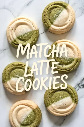 Flat lay collage of sugar-coated matcha latte cookies with spiral centers and a handwritten "Matcha Latte Cookies" label over marble background.