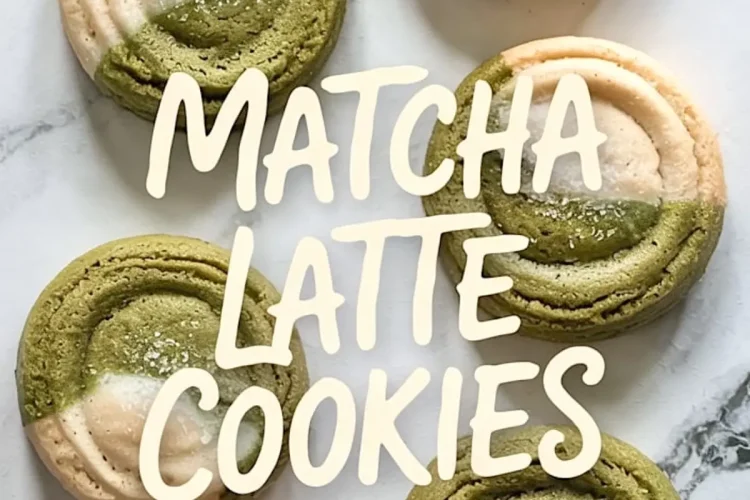 Flat lay collage of sugar-coated matcha latte cookies with spiral centers and a handwritten "Matcha Latte Cookies" label over marble background.