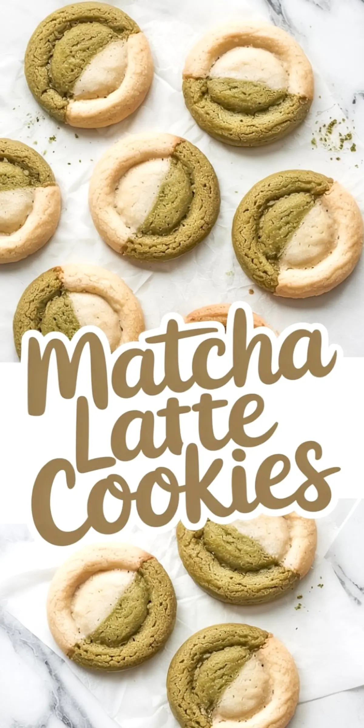 Two-photo collage of matcha latte cookies on white parchment with a bold "Matcha Latte Cookies" label, showcasing soft swirled cookies in green tea and vanilla shades.
