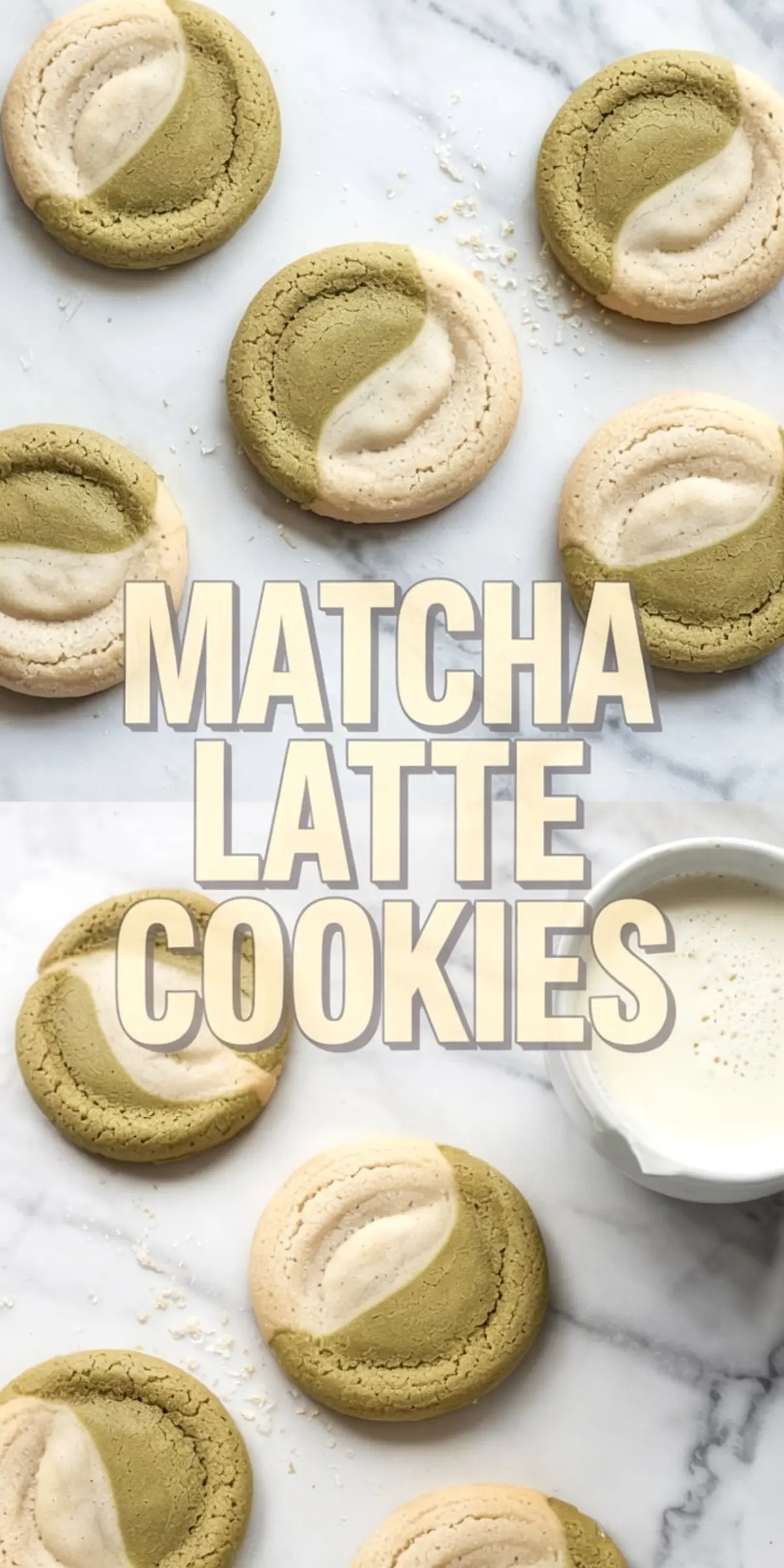 Vertical collage of soft-baked matcha latte cookies with half matcha and half vanilla cookie dough, sprinkled with sugar and paired with a creamy beverage, labeled with "Matcha Latte Cookies".
