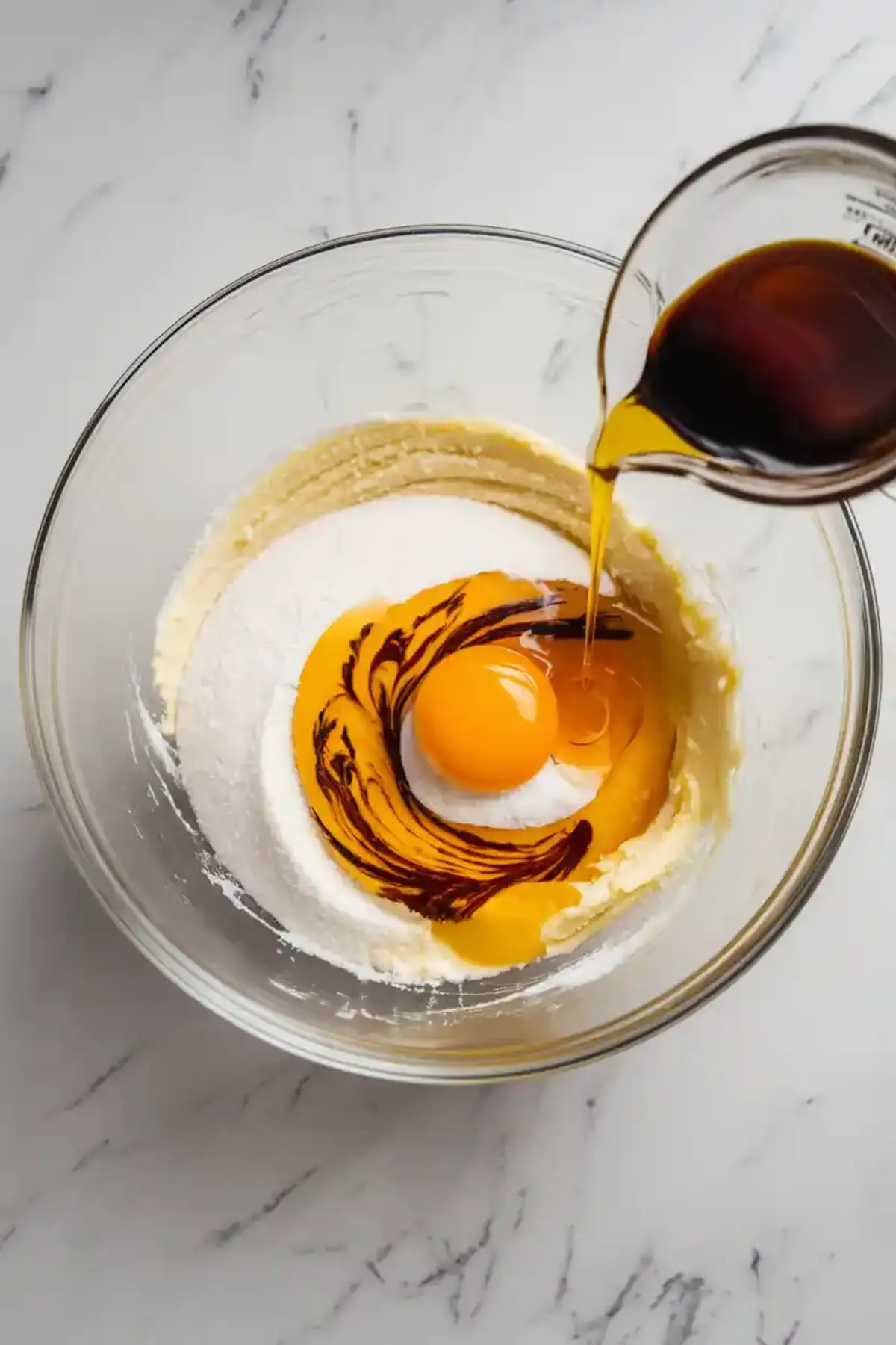 Glass mixing bowl with flour, egg, and vanilla extract being combined, mid-pour, for making matcha latte cookie dough.
