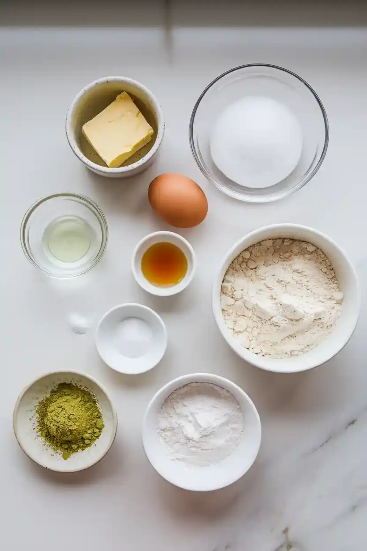 Flat lay of measured ingredients for matcha latte cookies, including flour, sugar, egg, matcha powder, baking powder, vanilla extract, and butter on a marble surface.