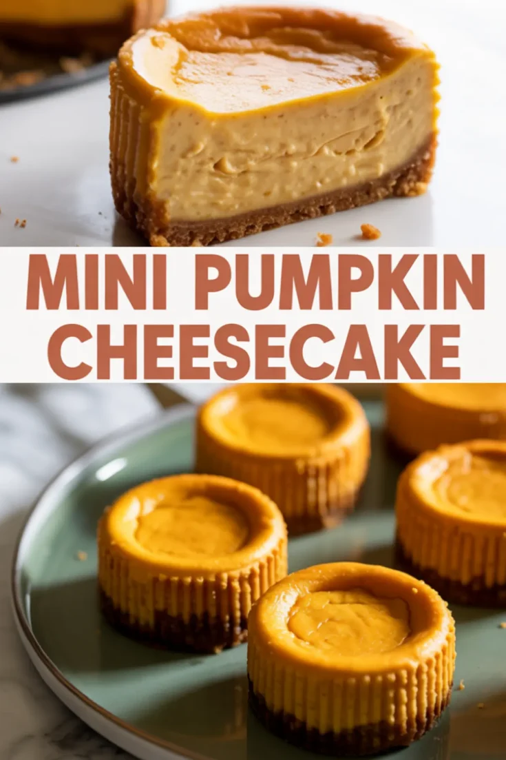 Collage showing a close-up side view of a sliced mini pumpkin cheesecake and a top view of several whole cheesecakes on a green plate, with centered text reading “Mini Pumpkin Cheesecake”.
