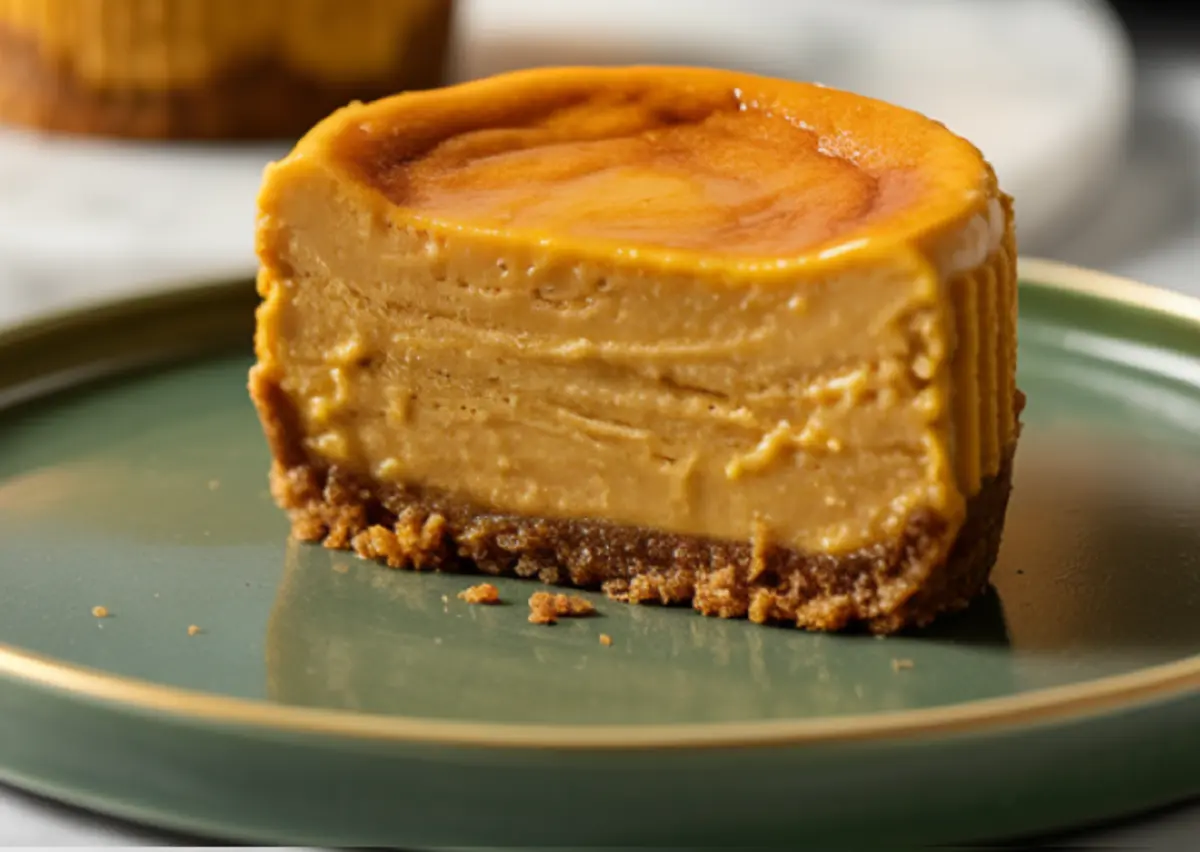 Single mini pumpkin cheesecake on a green plate with a bite taken out, showcasing the creamy interior and spiced graham cracker crust. Crumb details are visible on the plate.