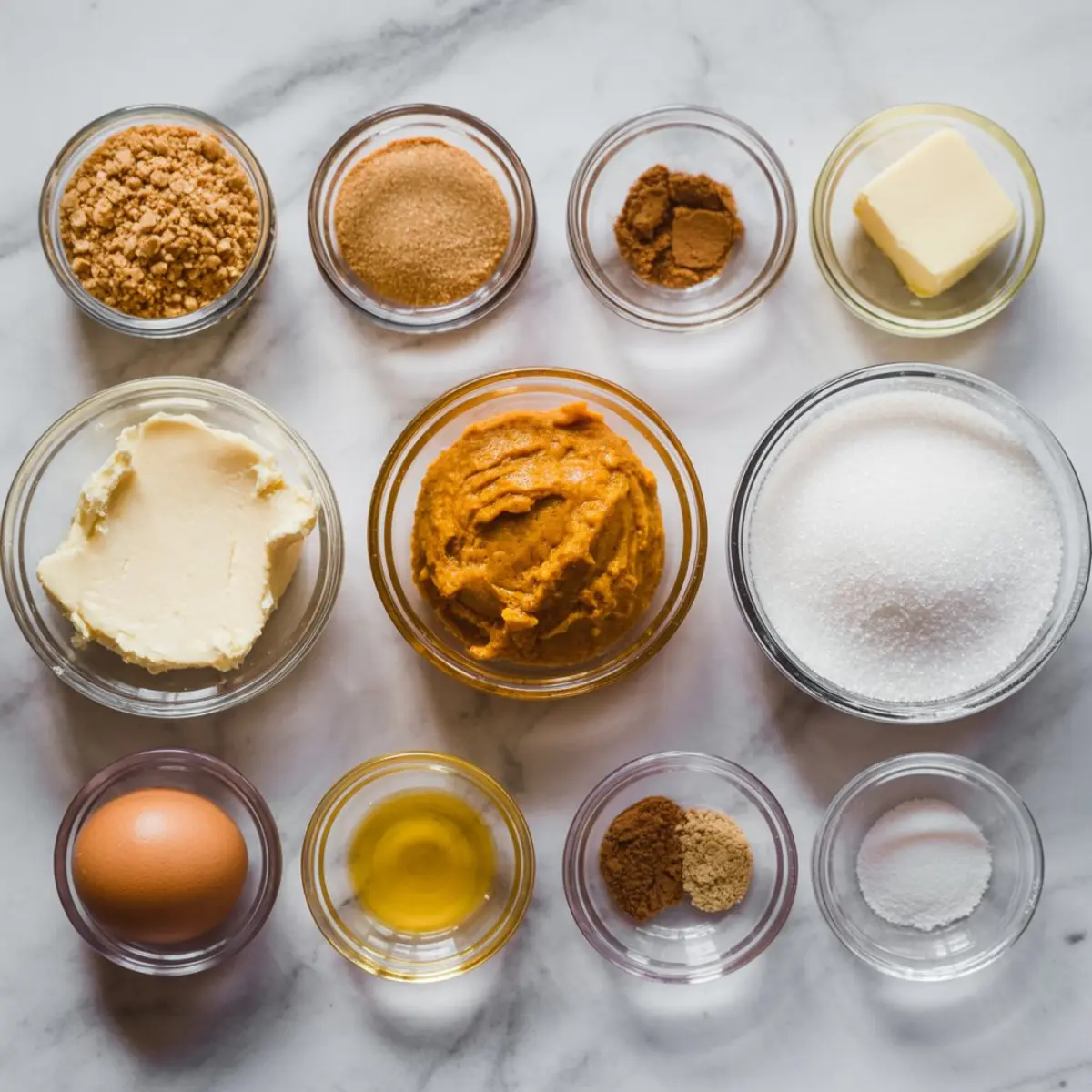 Flat lay of mini pumpkin cheesecake ingredients in clear bowls including pumpkin purée, cream cheese, sugar, spices, butter, egg, vanilla extract, and graham cracker crumbs on a marble counter.