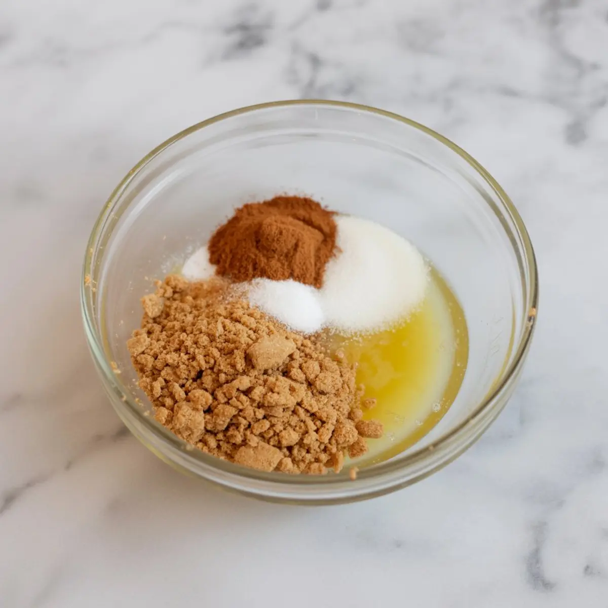 Small bowl containing crushed graham crackers, melted butter, granulated sugar, and ground cinnamon for making a spiced cheesecake crust.