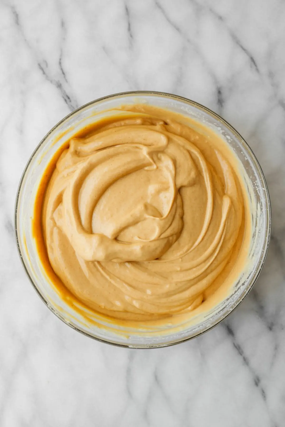 Fully mixed pumpkin cheesecake batter in a glass bowl, showing a thick, velvety texture and rich caramel color on a marble background.