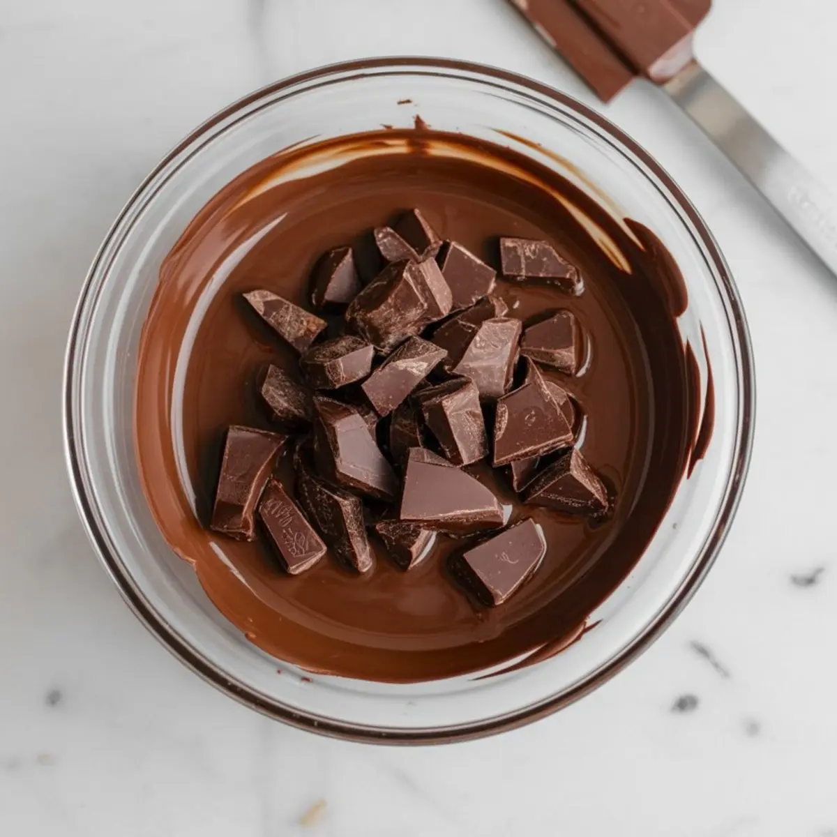 Bowl of melted chocolate with chunks of dark chocolate added on top, showing a glossy, rich texture ideal for dessert making and ganache.