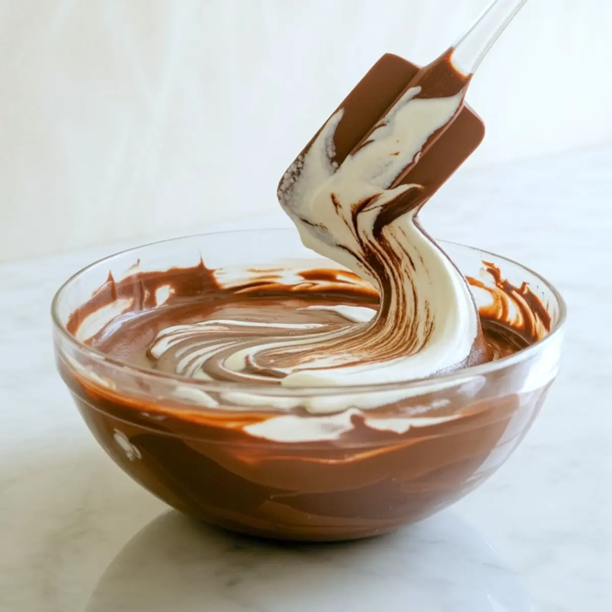 Creamy chocolate mixture being folded with whipped cream in a glass bowl using a silicone spatula, highlighting the marbled blend of chocolate and cream for mousse preparation.