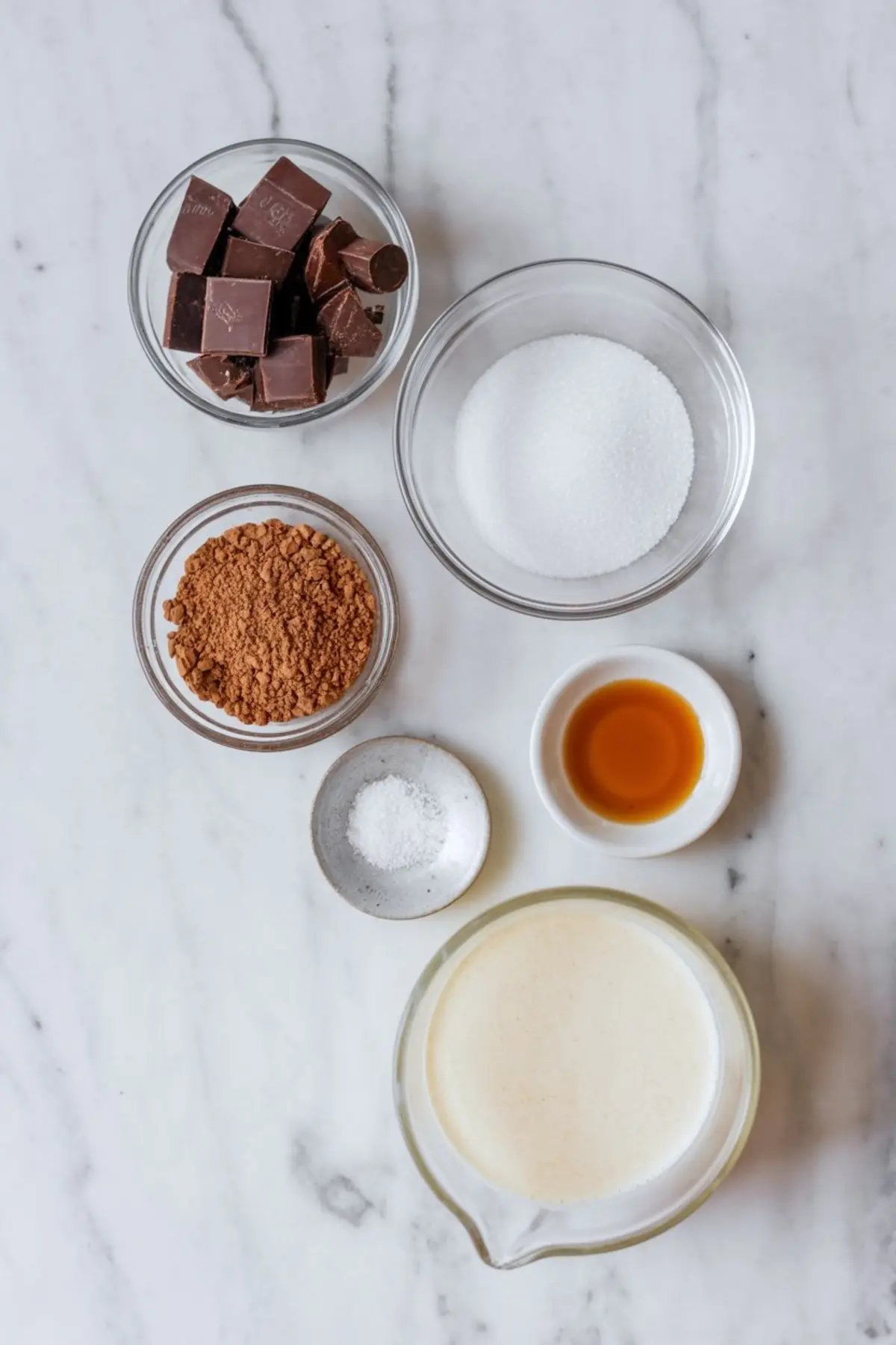 Flat lay of dessert ingredients on a marble surface, including chopped chocolate, granulated sugar, cocoa powder, salt, vanilla extract, and heavy cream for baking or mousse recipes.