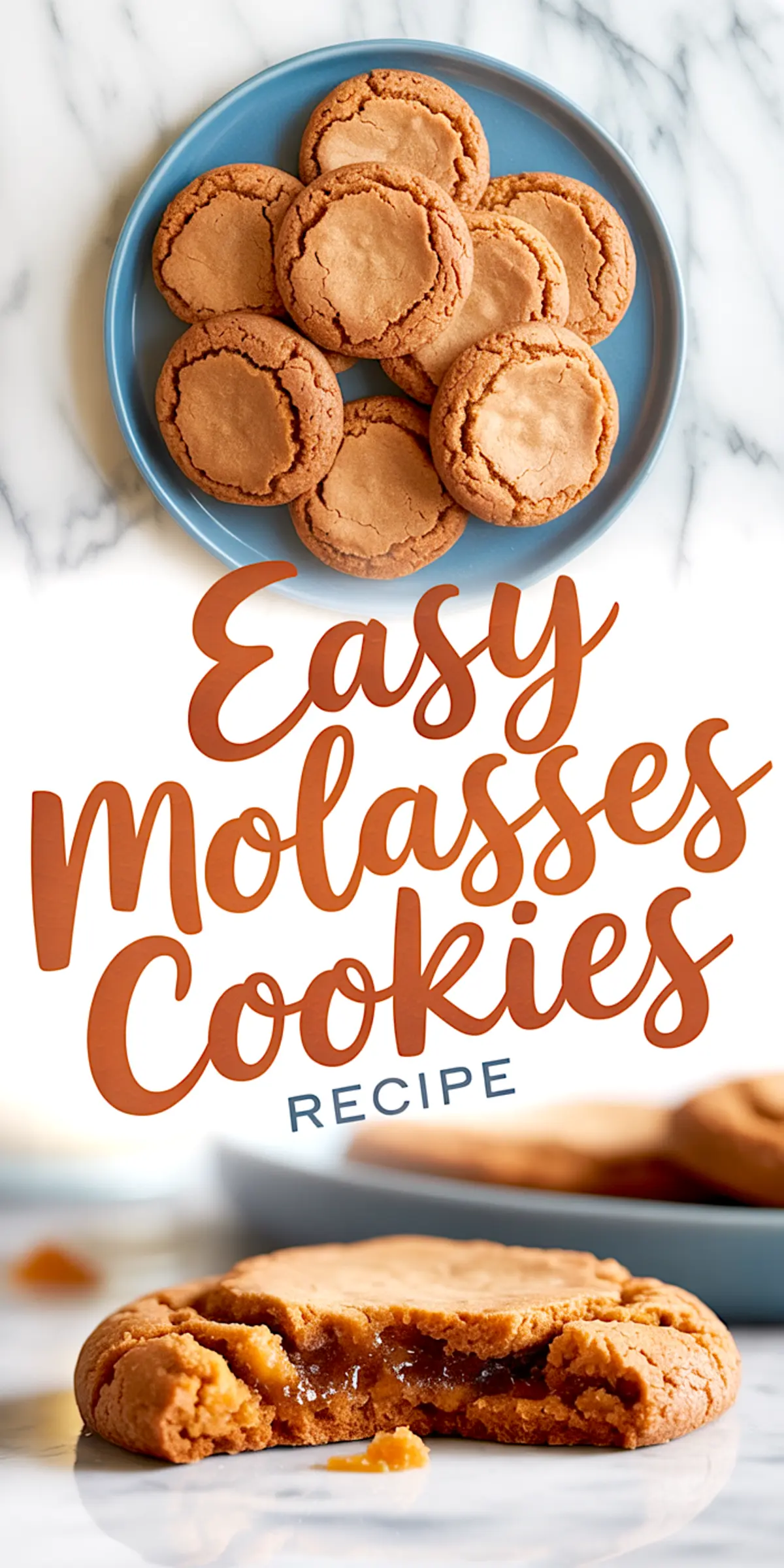 Blue plate of golden brown molasses cookies with a soft cracked top and one cookie broken open to reveal a gooey center, with “Easy Molasses Cookies Recipe” text overlay.