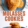 Collage showing a tall stack and a low stack of soft-baked molasses cookies on a blue plate with cracked tops, featuring bold “Molasses Cookies” text in the center.