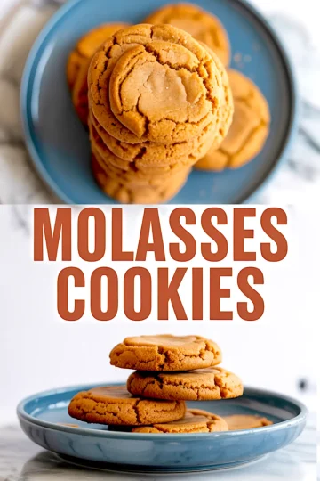 Collage showing a tall stack and a low stack of soft-baked molasses cookies on a blue plate with cracked tops, featuring bold “Molasses Cookies” text in the center.