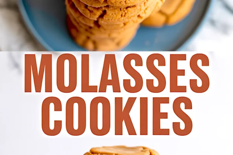 Collage showing a tall stack and a low stack of soft-baked molasses cookies on a blue plate with cracked tops, featuring bold “Molasses Cookies” text in the center.