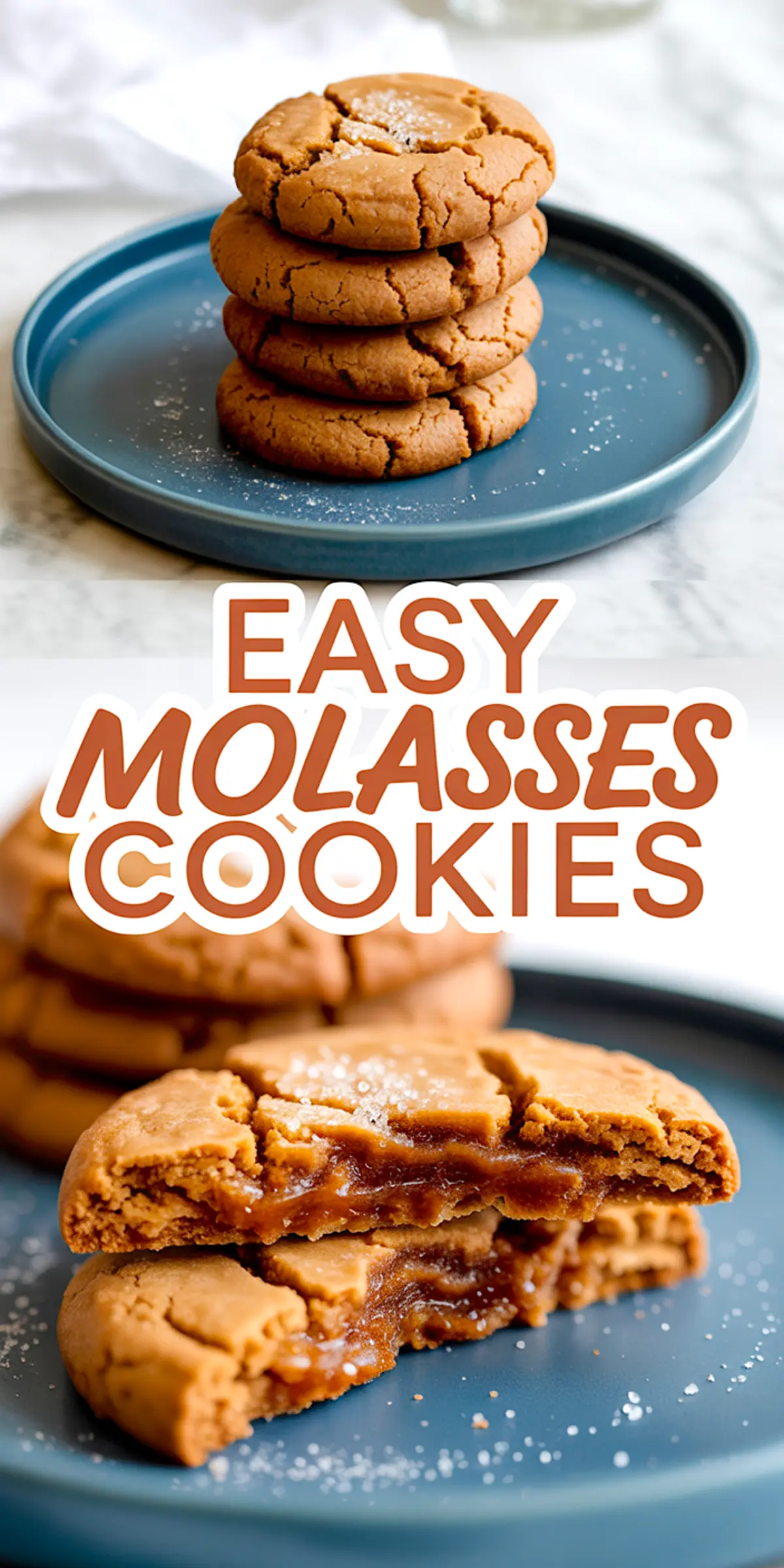 Collage image showing a stack of soft molasses cookies on a blue plate and a close-up of one split open to reveal a sticky center, with “Easy Molasses Cookies” text in the middle.