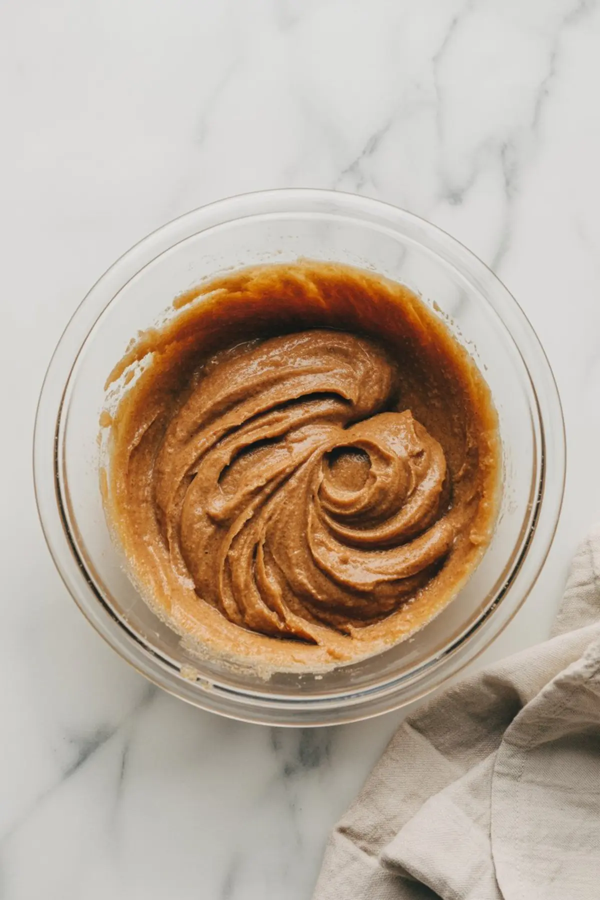 Thick molasses cookie batter in a glass bowl with smooth swirls, set on a white marble surface with a beige linen napkin beside it.