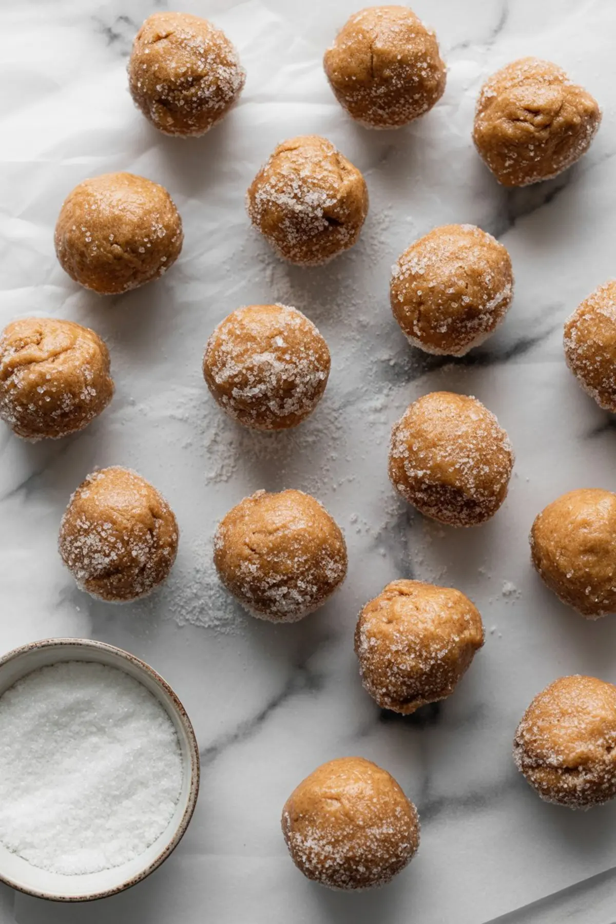Rolled molasses cookie dough balls coated in granulated sugar on parchment paper, ready for baking.