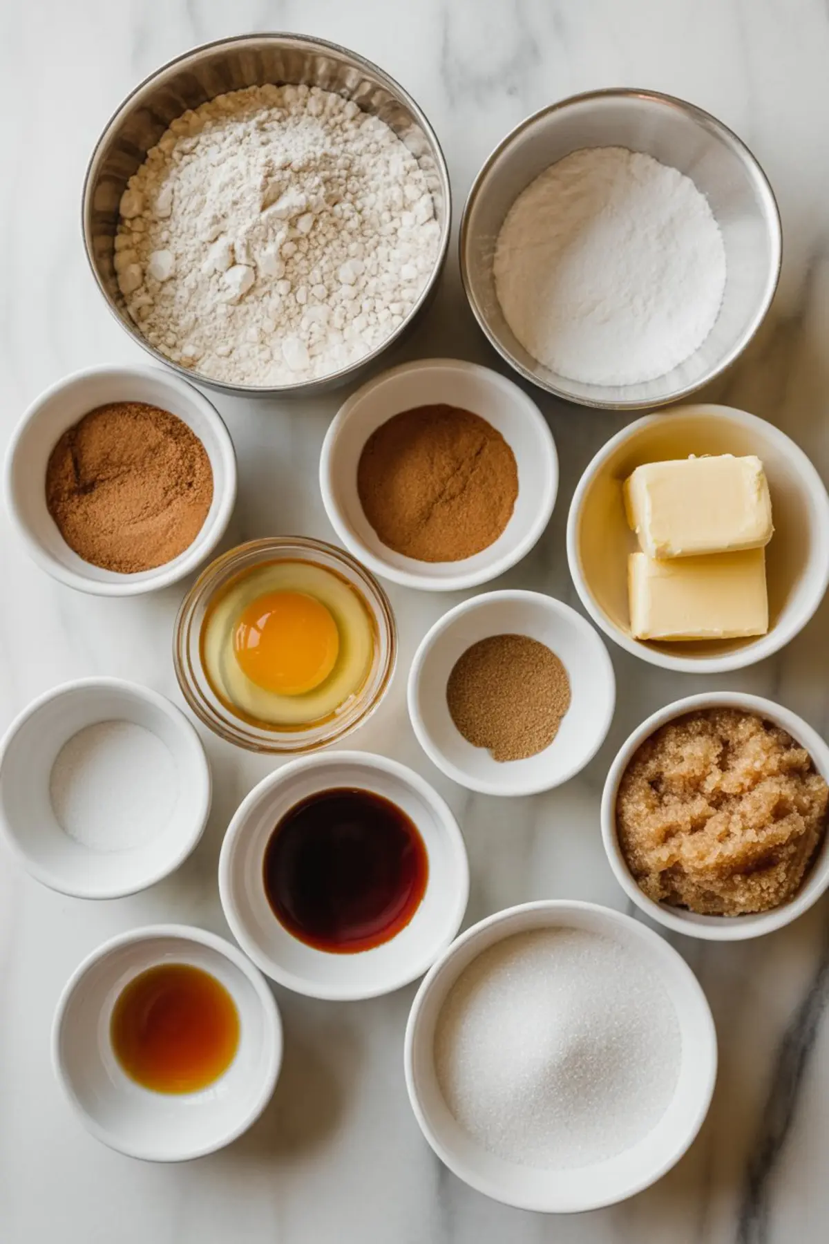 Assorted baking ingredients for molasses cookies arranged in small bowls, including flour, sugar, brown sugar, butter, vanilla extract, spices, and an egg.