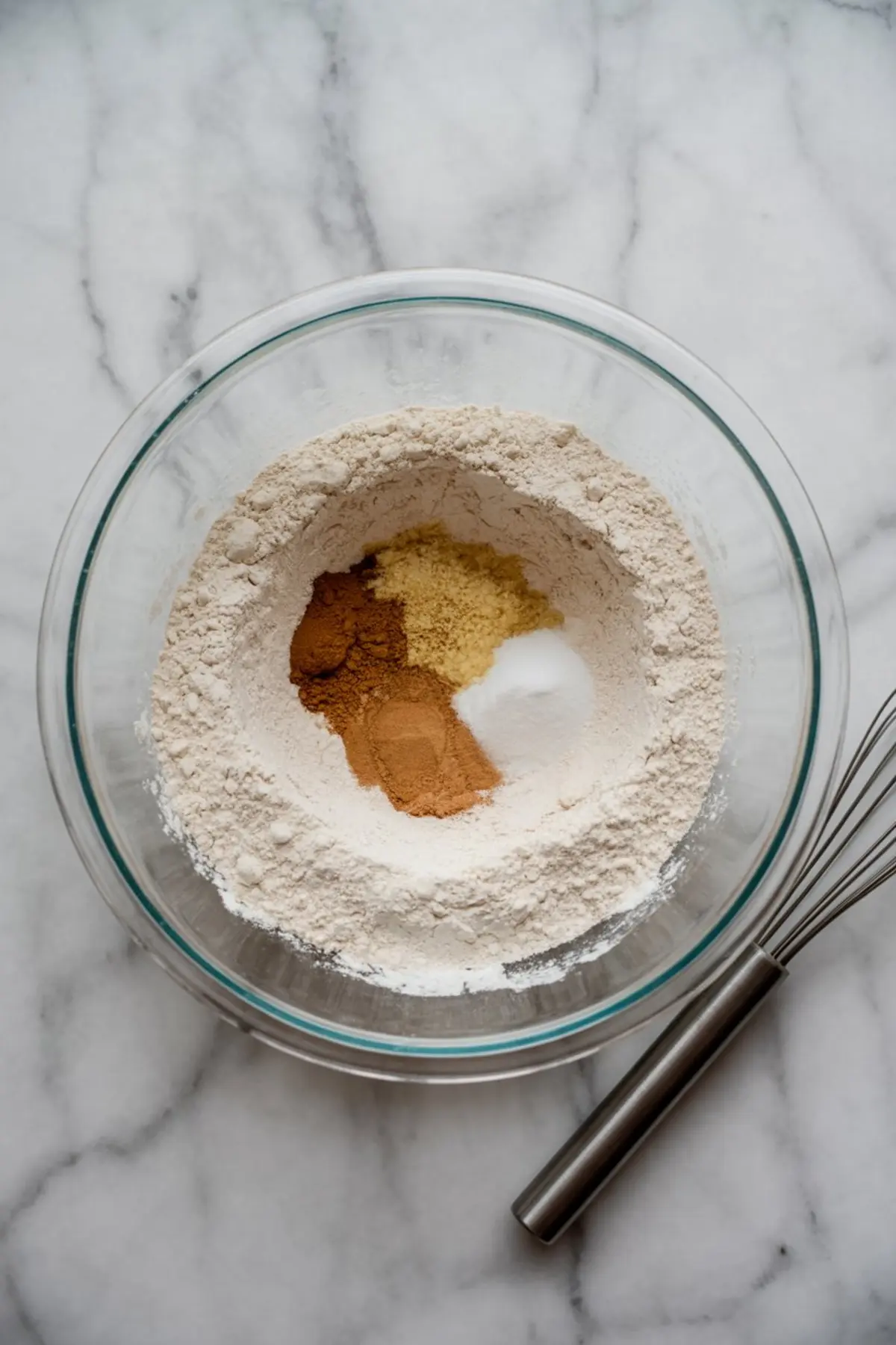 Dry ingredients including flour, cinnamon, ginger, nutmeg, baking soda, and salt in a clear mixing bowl with a stainless steel whisk on the side.