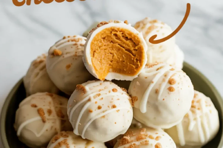 Stack of no-bake pumpkin cheesecake balls coated in white chocolate and drizzled with additional white chocolate, topped with graham cracker crumbs, with one truffle halved to show spiced filling and text overlay.