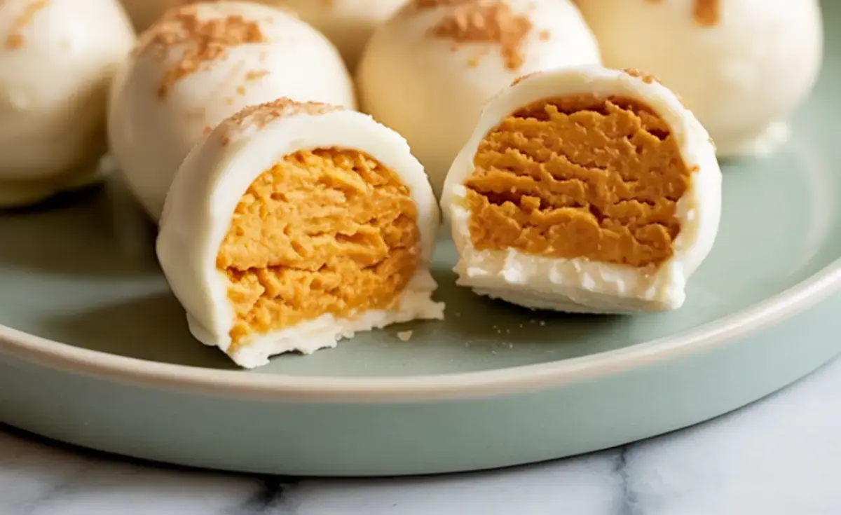 Close-up of no-bake pumpkin cheesecake truffles with a creamy spiced pumpkin filling, coated in white chocolate and cut in half to reveal texture.