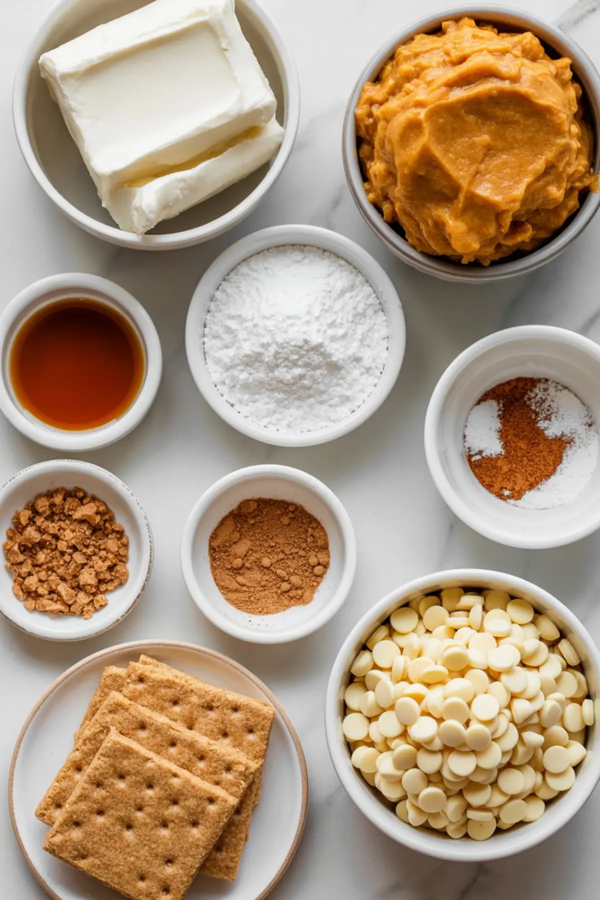Overhead view of pumpkin cheesecake ball ingredients including cream cheese, pumpkin puree, powdered sugar, vanilla extract, spices, graham crackers, and white chocolate chips in individual bowls.