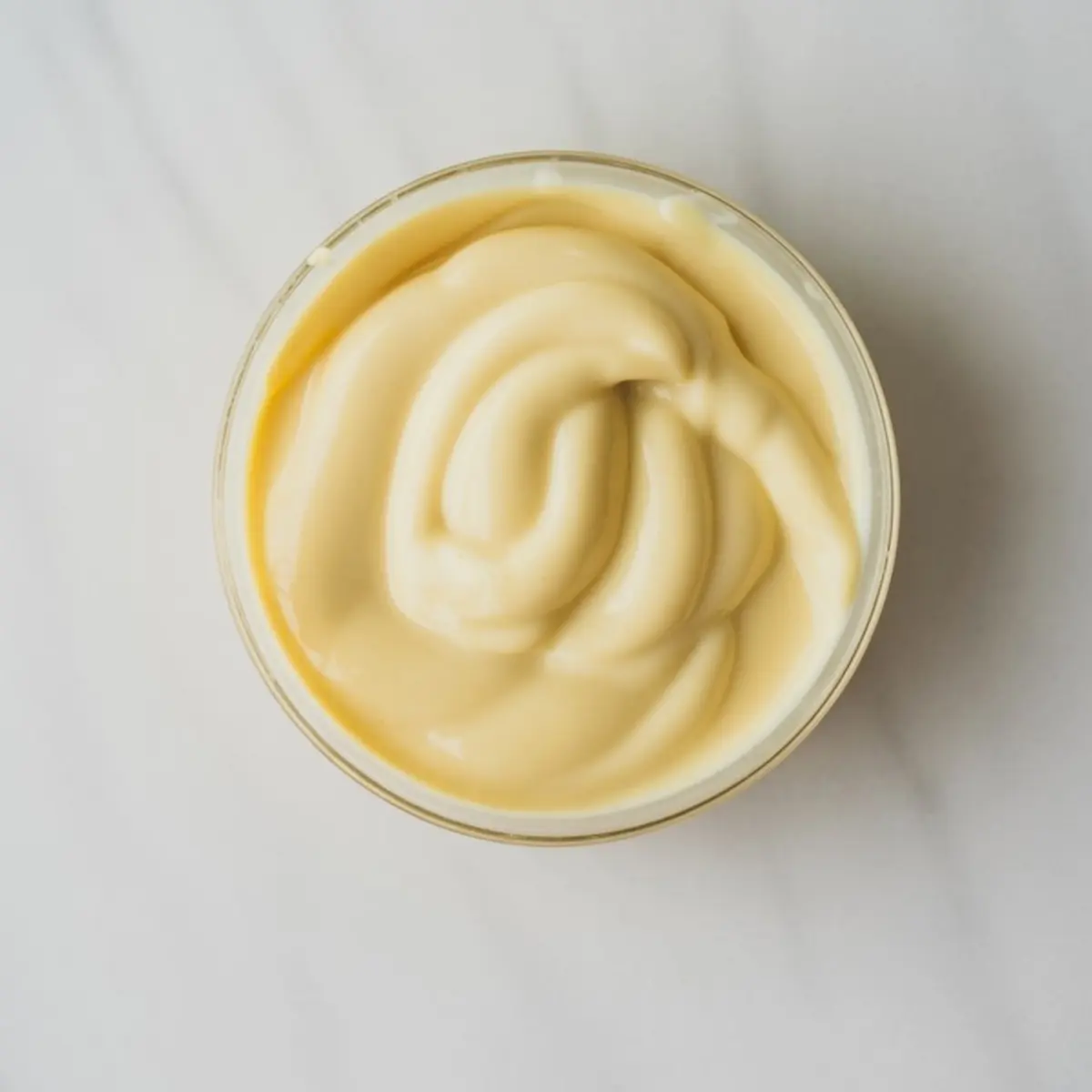 Glass bowl filled with smooth, creamy white chocolate ganache or melted candy coating on a white marble background.