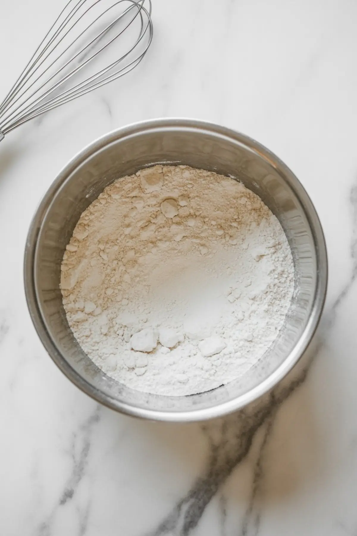 Stainless steel bowl filled with sifted all-purpose flour on a marble countertop, with a metal whisk placed to the side.
