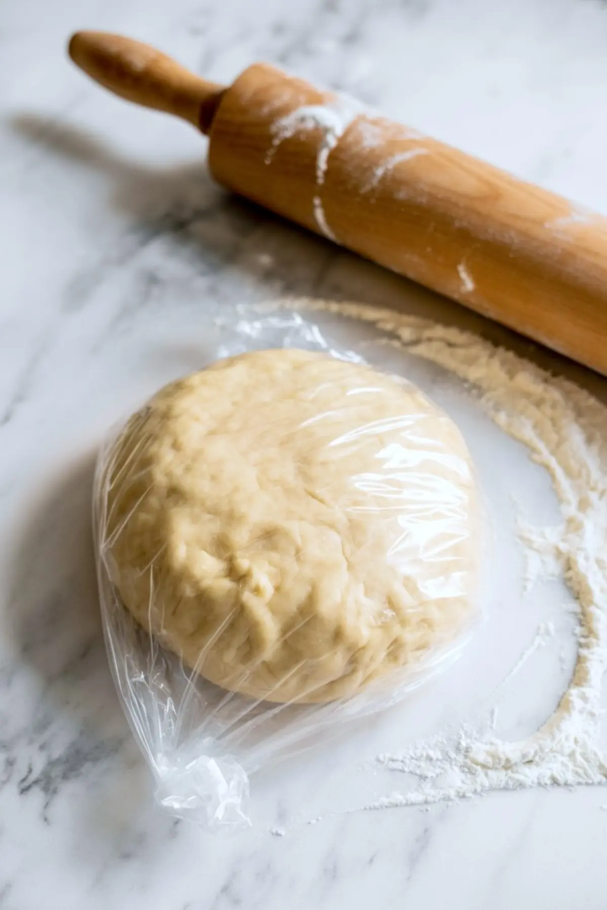 Round disc of pie dough wrapped in plastic wrap resting on a floured marble surface next to a wooden rolling pin, prepared for chilling.