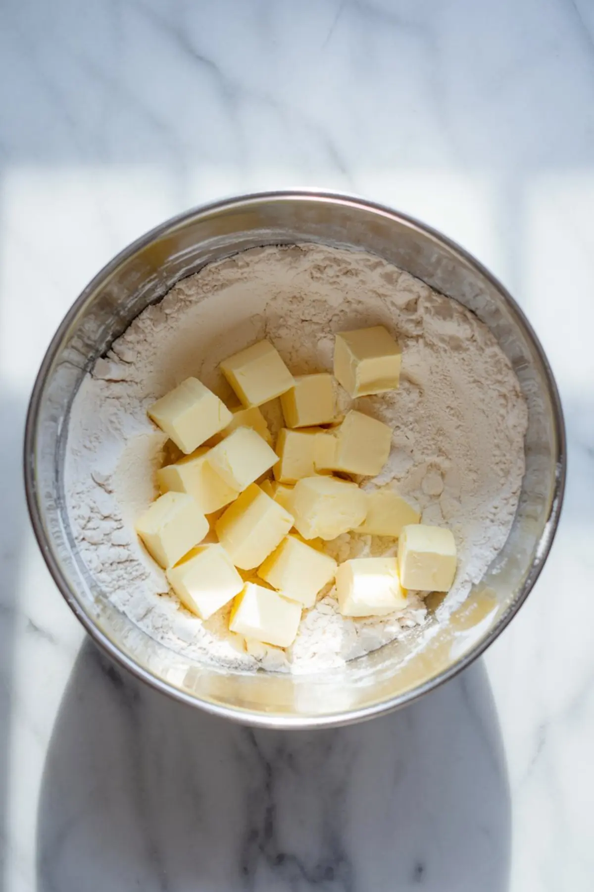 Overhead view of a stainless steel mixing bowl containing cubed butter and flour on a white marble surface, showing the early stage of pie crust preparation.