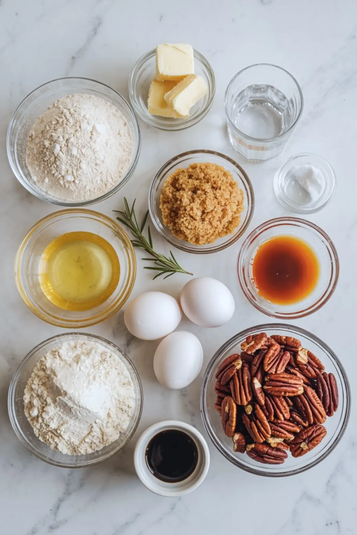 Flat lay of pecan pie ingredients including eggs, pecans, flour, butter, brown sugar, vanilla extract, water, baking powder, honey, and rosemary arranged in glass bowls on a marble surface.