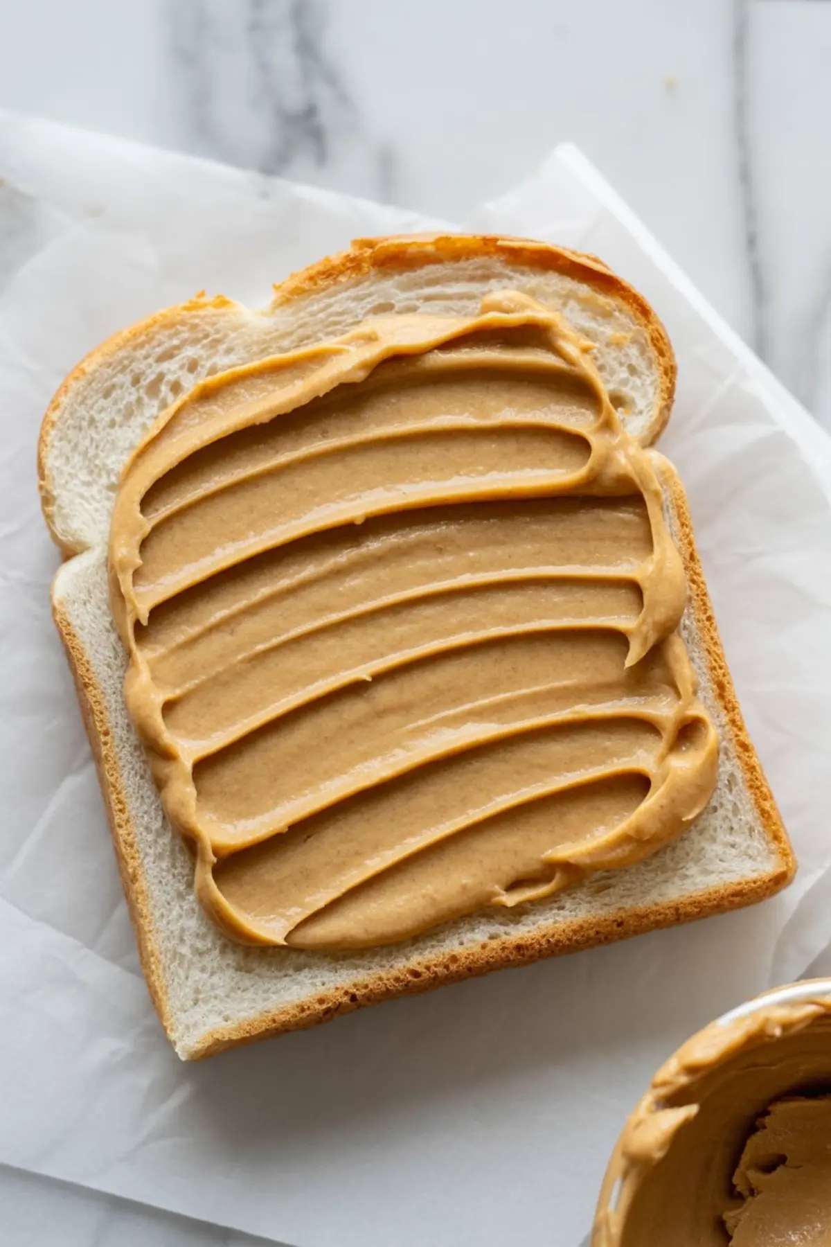 Close-up of a slice of white sandwich bread generously spread with smooth peanut butter in even, curved strokes on a marble background.