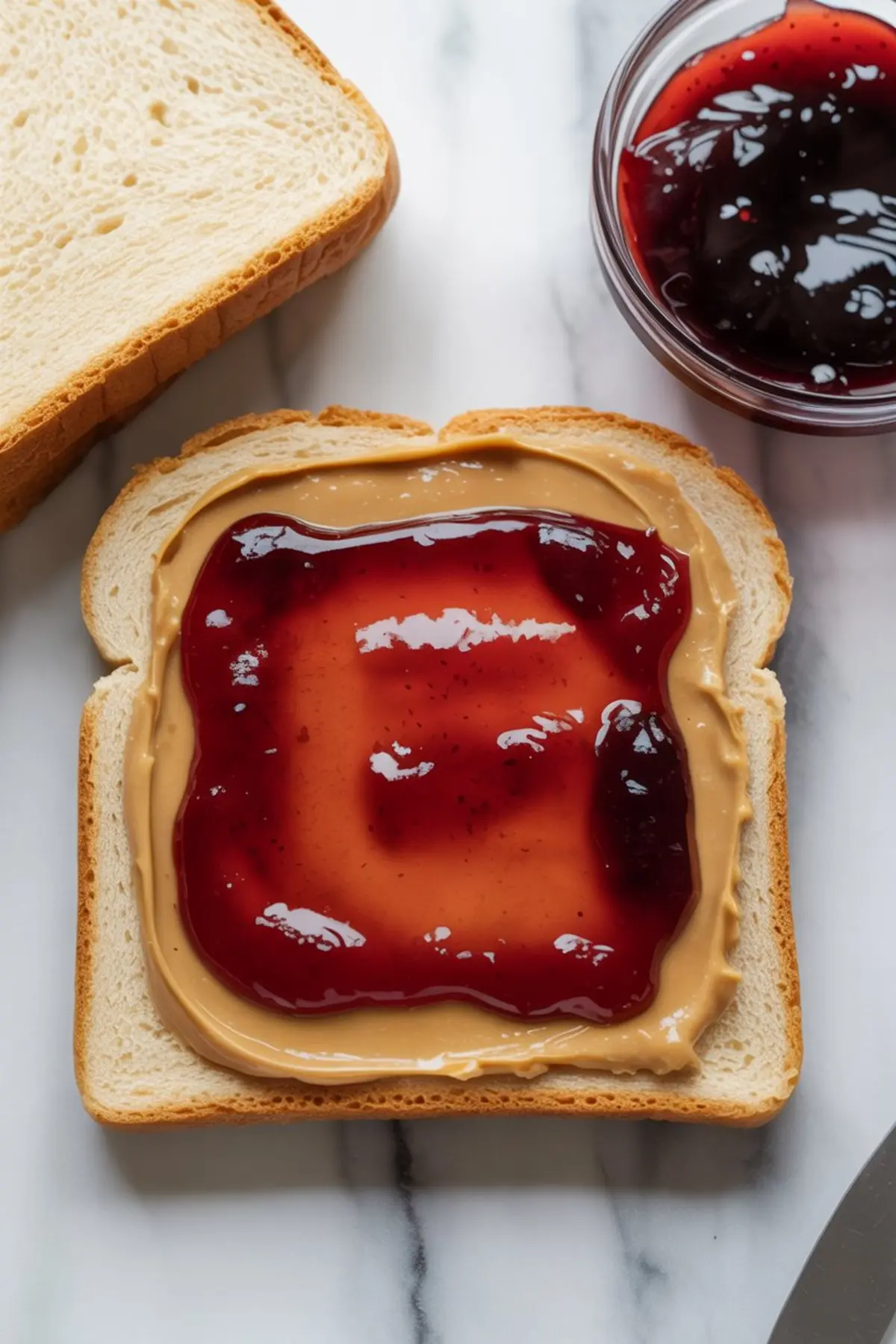 Open-faced peanut butter and jelly sandwich with thick strawberry jam layered over creamy peanut butter on a slice of white bread, placed beside another plain slice on a marble surface.
