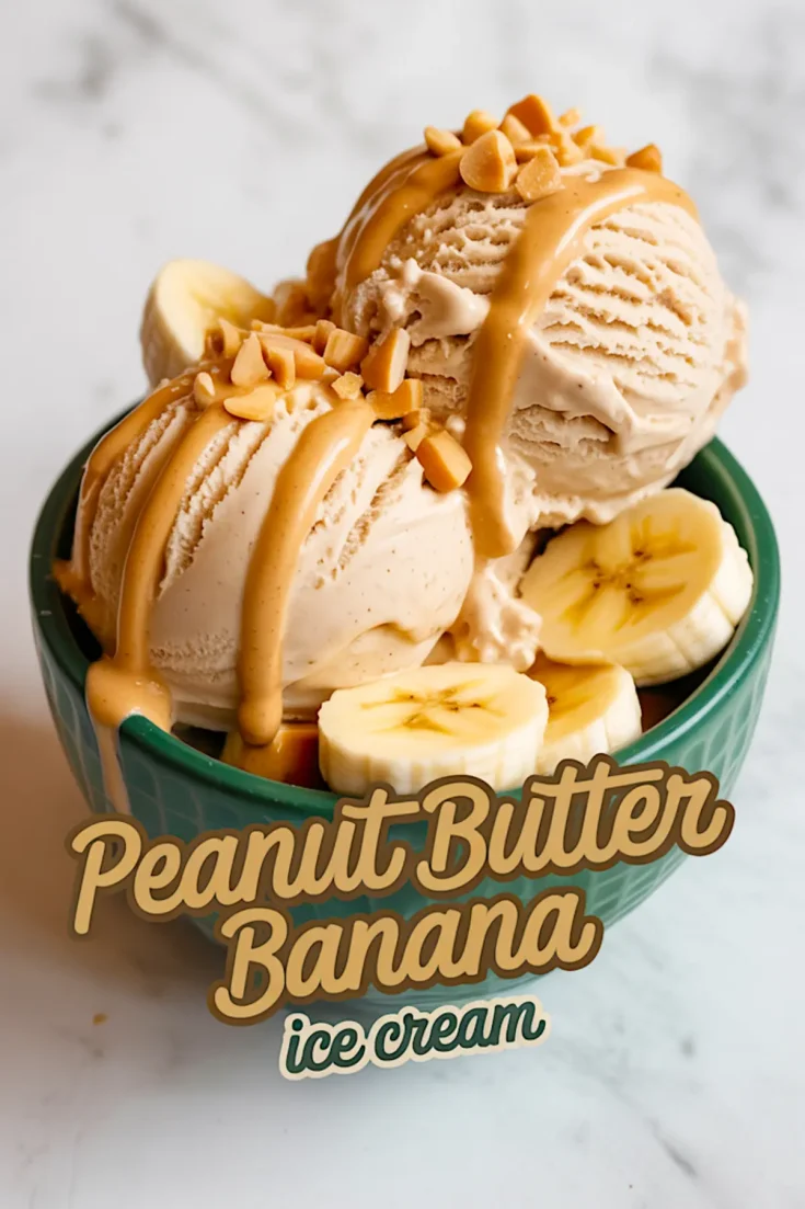 Close-up of scoops of peanut butter banana ice cream in a textured green bowl, topped with chopped peanuts, banana coins, and thick peanut butter ribbons, with stylish overlay text naming the dessert.