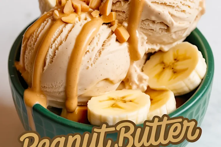 Close-up of scoops of peanut butter banana ice cream in a textured green bowl, topped with chopped peanuts, banana coins, and thick peanut butter ribbons, with stylish overlay text naming the dessert.
