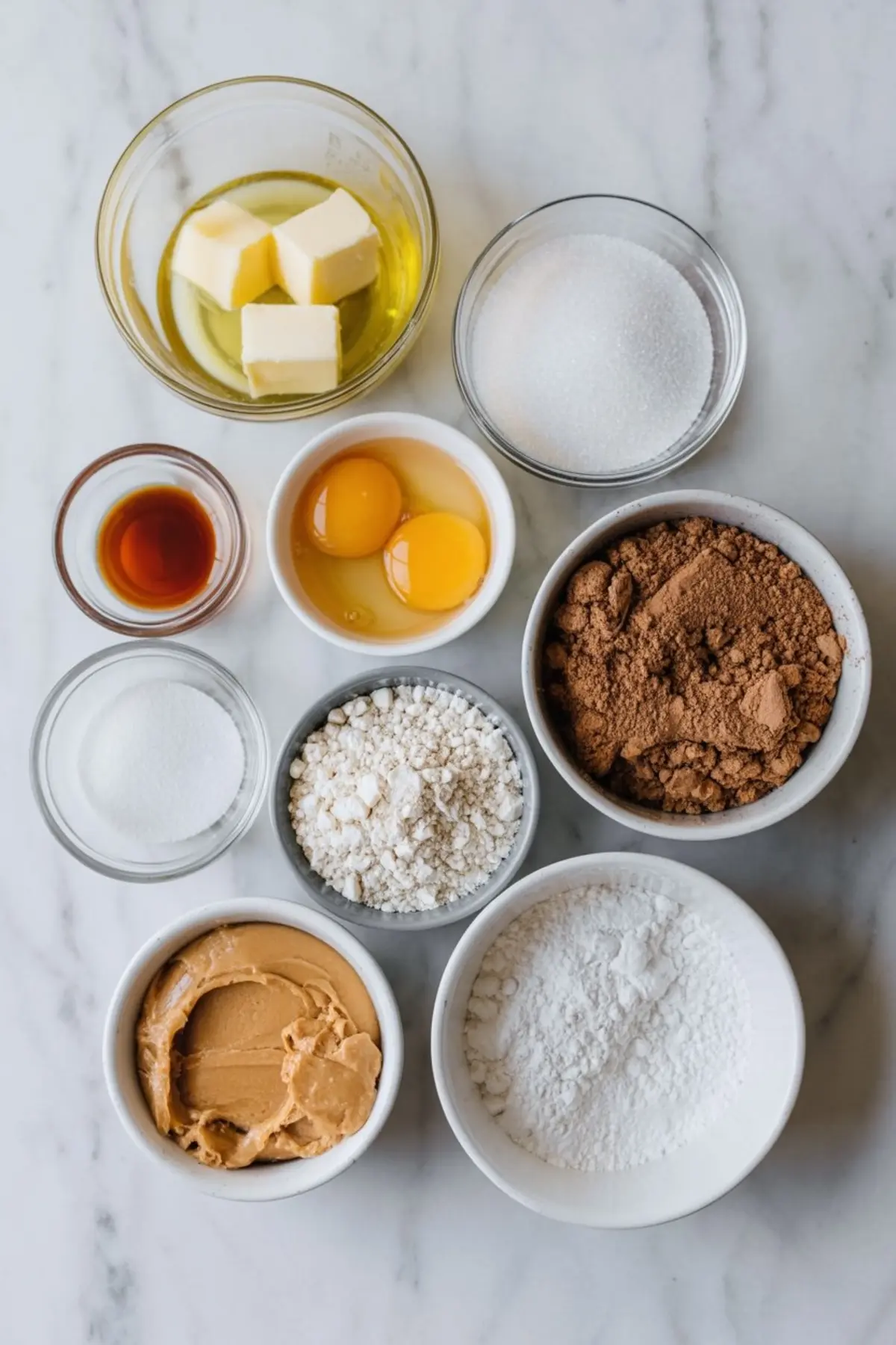 Flat lay of baking ingredients including cocoa powder, flour, sugar, peanut butter, vanilla, eggs, and butter, neatly arranged in bowls on white marble.
