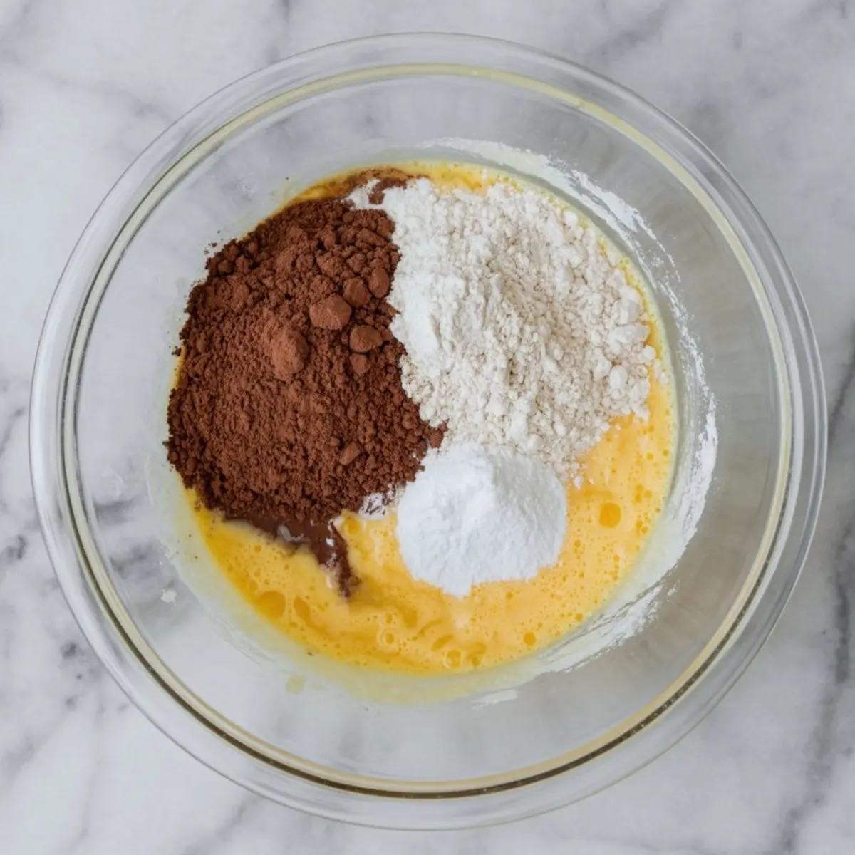 Glass bowl with cocoa powder, flour, baking soda, and beaten eggs on a marble surface, showing ingredients for chocolate baking recipes.
