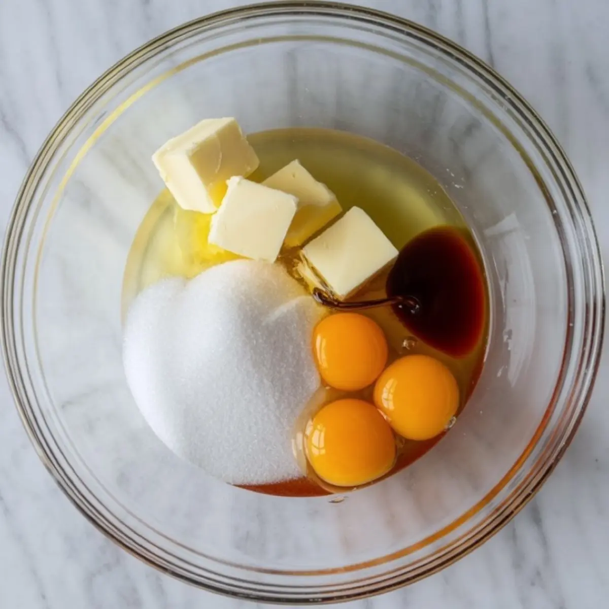 Glass bowl with cubed butter, granulated sugar, vanilla extract, and raw eggs, arranged for dessert mixing on a marble countertop.
